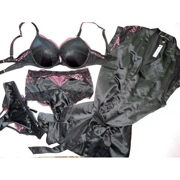 Victoria's Secret 36C,36DD BRA SET+M high-waist Panty+ROBE satin Black lace SEXY